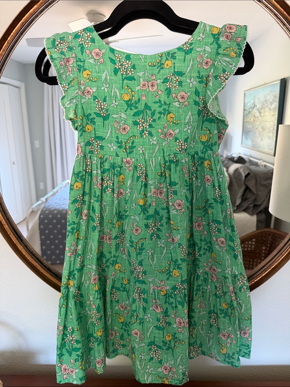 Green Floral Flutter-Sleeve Girls' Dress